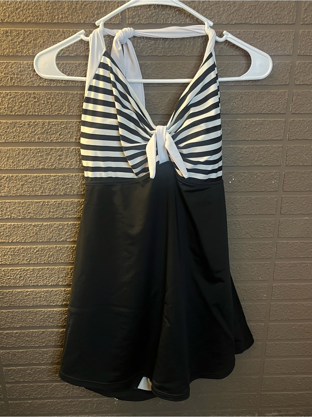 COCOSHIP Black & White Striped Halter One-Piece Swim Dress